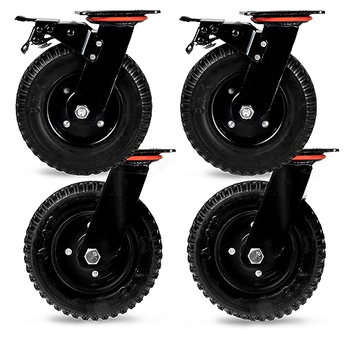 Image of Iron Forge Tools 8 Inch Heavy Duty Swivel Knobby Casters Set of 4, 7-7 /8 inchDiameter, Solid PU Knobby Tread Heavy Duty Caster Wheels, Swiveling Bases, Two Casters with Brakes, Two Without, Black & Red