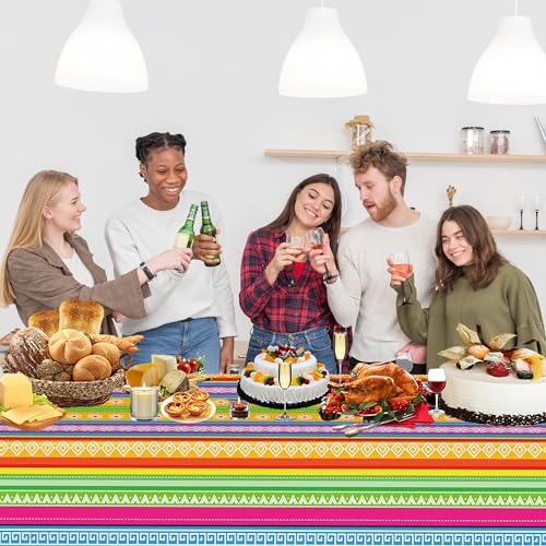Image of 3-Piece 54 x 108 Inch Cinco De Mayo Fiesta Plastic Tablecloth - Mexican Taco Night Colorful Stripe Patterns, Disposable Rectangle Table Cover for Dining Picnic Table Cover Indoor Outdoor Decoration
