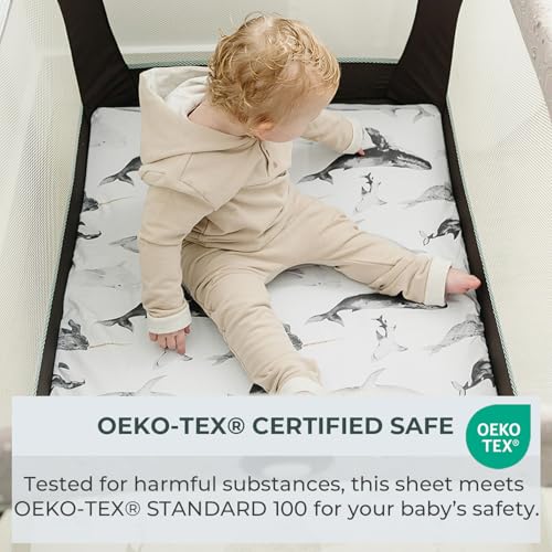 Image of Pobibaby 2 Pack Pack N Play Sheets for Boys - Premium Cotton Blend Fitted Playard Sheet, Soft Breathable Mini Crib Sheets Boy, Playpen Mattress Cover for Standard Travel Playards 38x26 (Seaside)