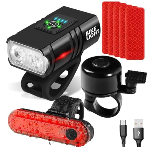 NAKOSITE BK02 Luz para Bicicleta Delantera/Trasera, 1500 lúmenes, Kit de Seguridad Completo con Timbre de Bicicleta + 10 Pegatinas Reflectantes, IPX5 Iluminación USB Recargable, 6 + 4 Modos para MTB