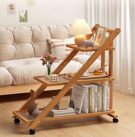 Multi-Layer Wood Storage, Mobile Ladder Shelf with Rattan Countertop,Coffee cart,Foldable Sofa Side Table with Wheels,Living Room Bedroom Kitchen,Yellow,2Layer