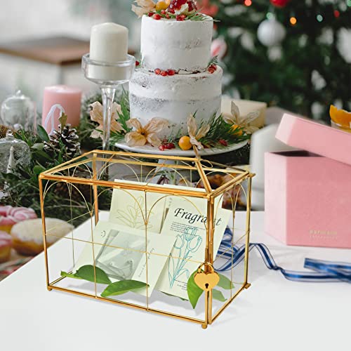 image for YIMORENCE V Wedding Gold Glass Card Box with Lock and Slot - Wedding E