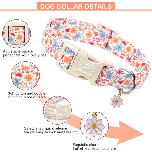 Image of Floral Cotton Dog Collar,Summer Flower Print Dog Collar, Soft Adjustable Puppy Collars with Flower Charm & Quick Release Buckle for Small Medium Large Dogs