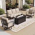 SUNSHINE VALLEY 4 Piece Black Metal Outdoor Patio Furniture Sets with Firepit Table, Patio Conversation Sets 1 3-Seater Sofa, 2 Swivel Sofa with 5.75" Thick Cushion Backyard Furniture for Deck, Beige