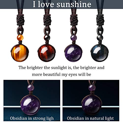 Hicarer 4 Pieces Natural Crystal Pendant Necklaces Crystal Lucky Blessing Chakra Crystal Beads Necklace 16 mm Black Obsidian Tiger Eyes Necklaces with Adjustable Braided Rope Cords4