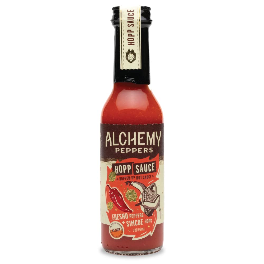 Fresno Peppers + Simcoe Hops Hot Sauce by Alchemy Peppers - Savory Fresno Peppers, Earthy Simcoe Hops, Strawberry, and Garlic - Medium Heat - 5 oz (Pack of 1)