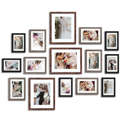 Fixwal Picture Frames Set, Gallery Wall Frame Set Picture Frames Collage 15 Pack for Wall or Tabletop with 8x10 5x7 4x6 Frames, Rustic Picture Frames in 3 Different Finishes