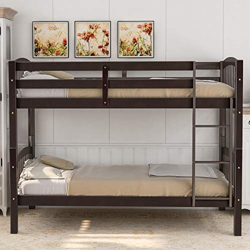 Bunk Bed Twin Over Twin 500 LB Heavy Duty,JULYFOX 2 Wood Bed Frames with Finsbury Headboard Footforad No Box Spring Need Bunk Bed W/Ladder Guard Rails for Small Spaces-Espresso