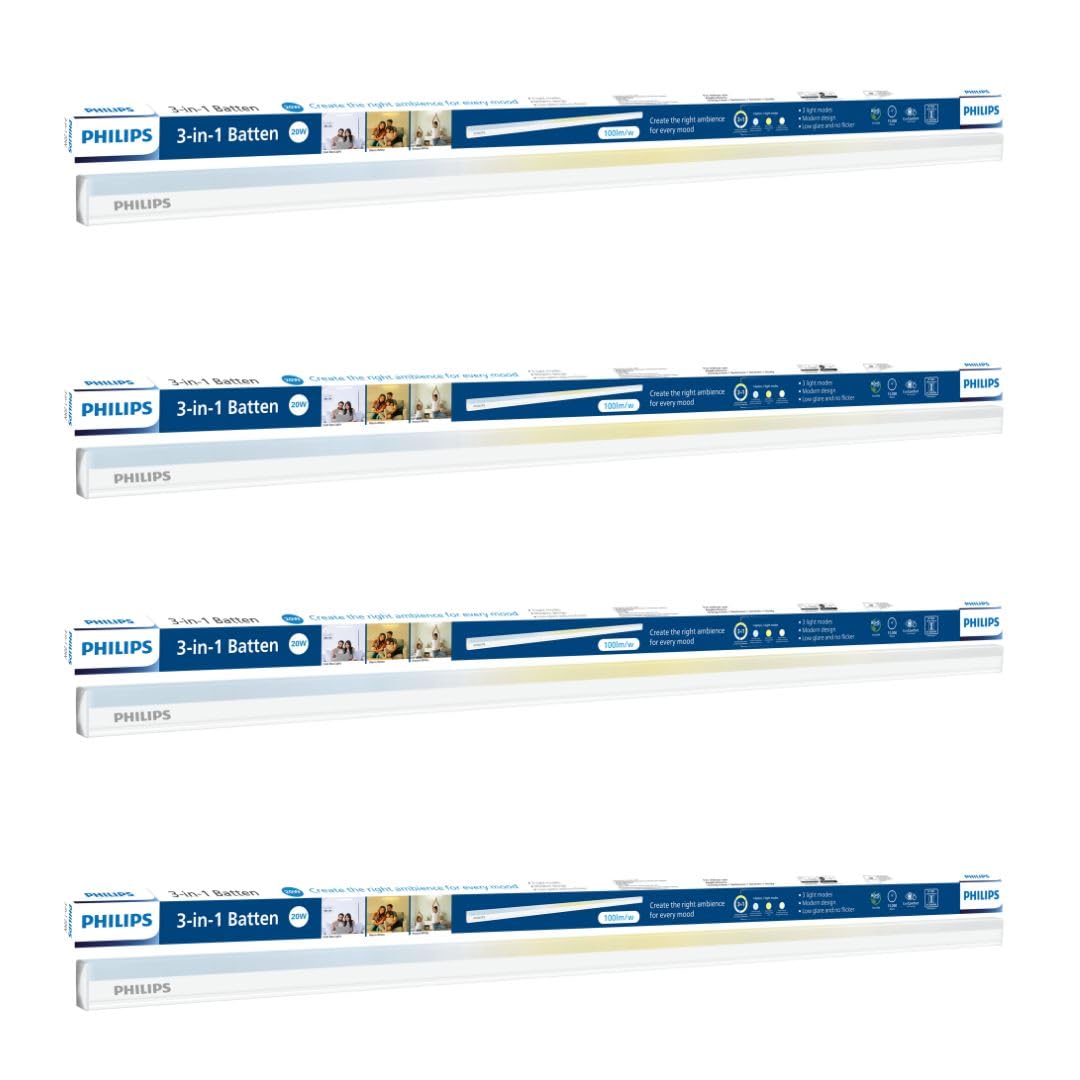 Philips Compact 4ft 20-watt LED Tubelight | 3 Colors in 1 LED Batten | Scene Switch Tubelight for Home & Decoration | Color: Tunable White, Pack of 4