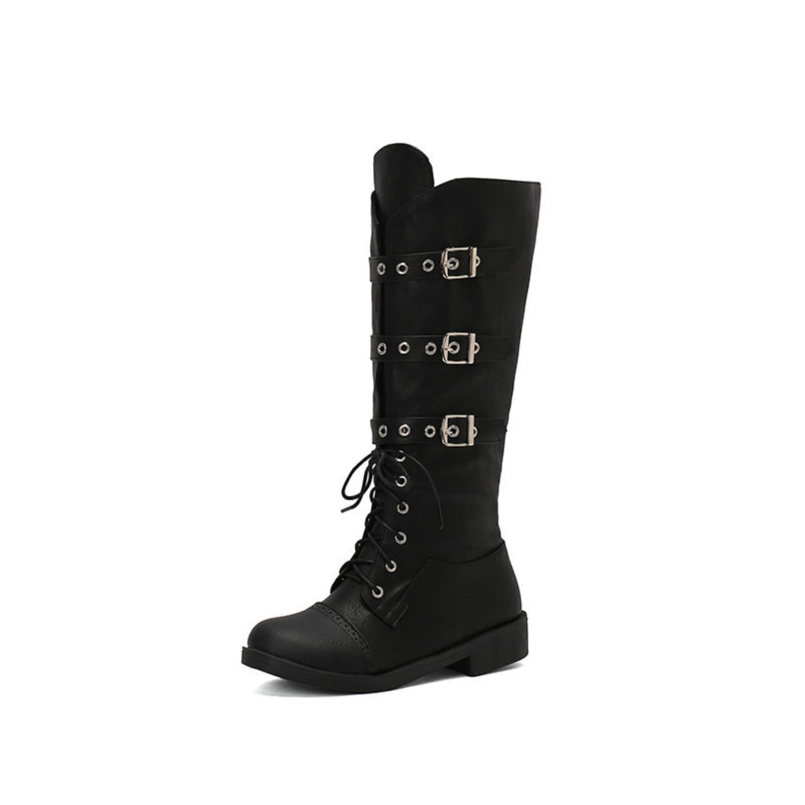 Womens Round Toe Knee High Boots Wide Calf Lace Up Buckle Neutral Leather Look Low Chunky Heel Comfortable