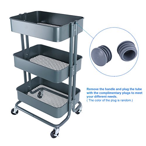 3-Tier Metal Mesh Storage Utility Cart with Brake Wheels, Rolling Cart with Removable Handle, Dark Gray