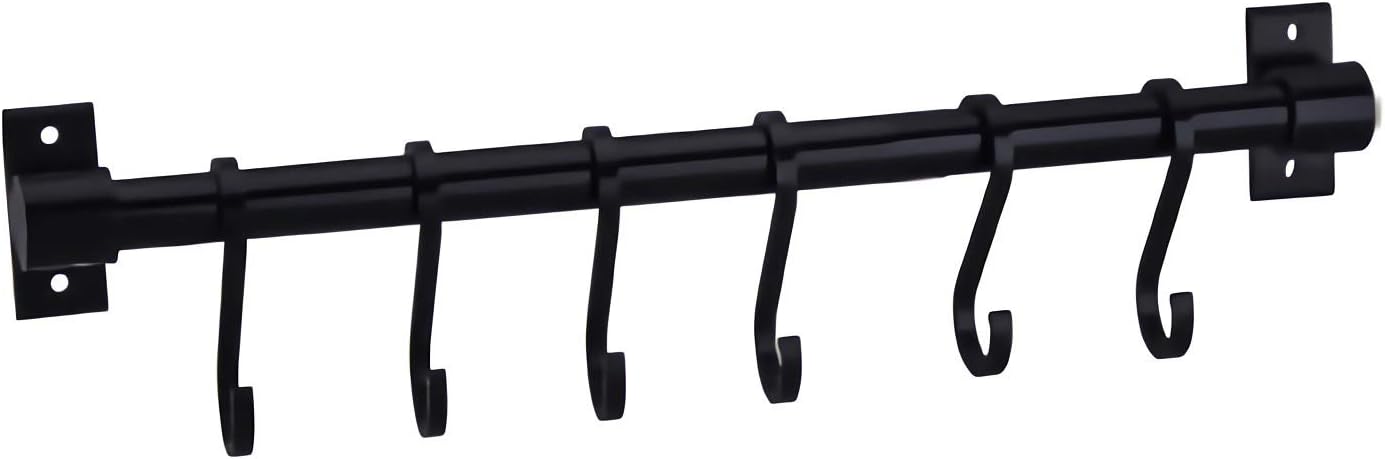 WONMILLE Gourmet Kitchen Utensil Rack with 6 Hooks, Wall Mounted Rail Wrought Iron Hanging Utensil Holder Rack with Removable S Hooks 16 Inch (Black-6 Hooks)