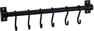 WONMILLE Gourmet Kitchen Utensil Rack with 6 Hooks, Wall Mounted Rail Wrought Iron Hanging Utensil Holder Rack with Removable S Hooks 16 Inch (Black-6 Hooks)