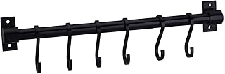 WONMILLE Gourmet Kitchen Utensil Rack with 6 Hooks, Wall Mounted Rail Wrought Iron Hanging Utensil Holder Rack with Removable S Hooks 16 Inch (Black-6 Hooks)