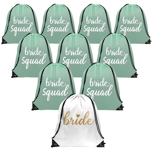 PartyGifts&beyond Bridesmaid Gift Drawstring Bags 10Packs Bride Squad Gift Bags for Bachelorette Party Bridal Drawstring Bags for Wedding Gifts(Sage Green)