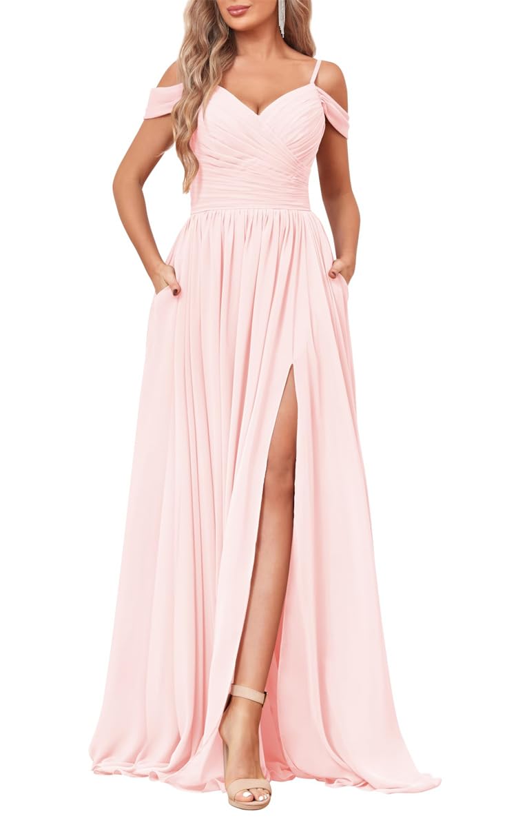 YIANN Bridesmaid Dresses Long Spaghetti Strap Chiffon Blush Pink Maid of Honor Evening Dress Formal Gown with Pockets UK20