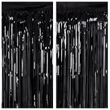 2 Pack 3.2ft x 8.2ft Black Tinsel Foil Fringe Curtains, Metallic Foil Tinsel Photo Booth Backdrop St