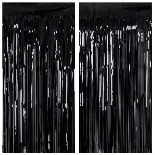 2 Pack 3.2Ft X 8.2Ft Black Tinsel Foil Fringe Curtains, Metallic Foil Tinsel Photo Booth Backdrop Streamer For New Years Decorations Halloween Bachelorette Birthday Holiday Celebration Party Supplies #TOP8