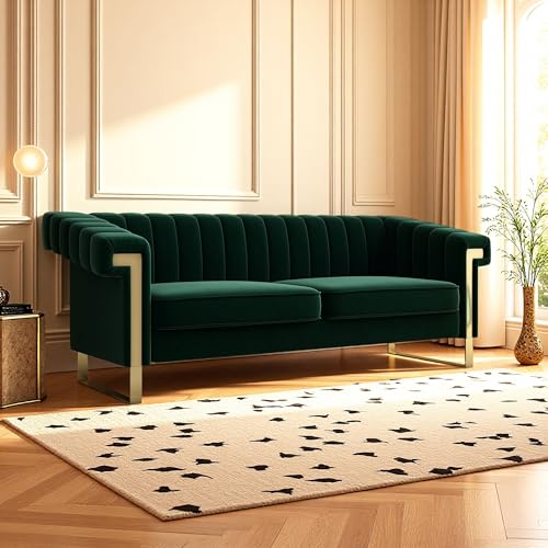 KEIKI 84" Velvet Sleek Channel-Tufted Sofa with Armrest and Back Cushions, Modern Gold Accents 3-Seater Upholstery Couch with Solid Legs, Easy Assembly, for Living Room, Bedroom, Apartment, Green