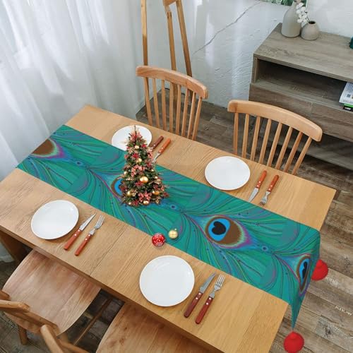 Chemin de table de Noël plumes de paon et finitions pompons chic - 8