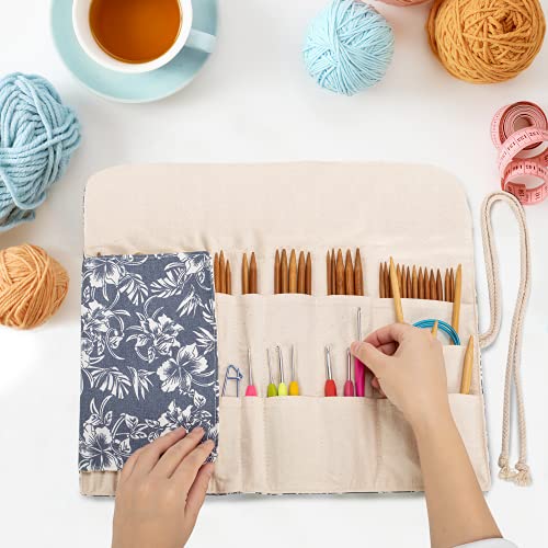 Teamoy Knitting Needles Holder Case(up to 11 Inches), Rolling Organizer for Straight and Circular Knitting Needles, Crochet Hooks and Accessories, Blue Flowers - NO Accessories Included