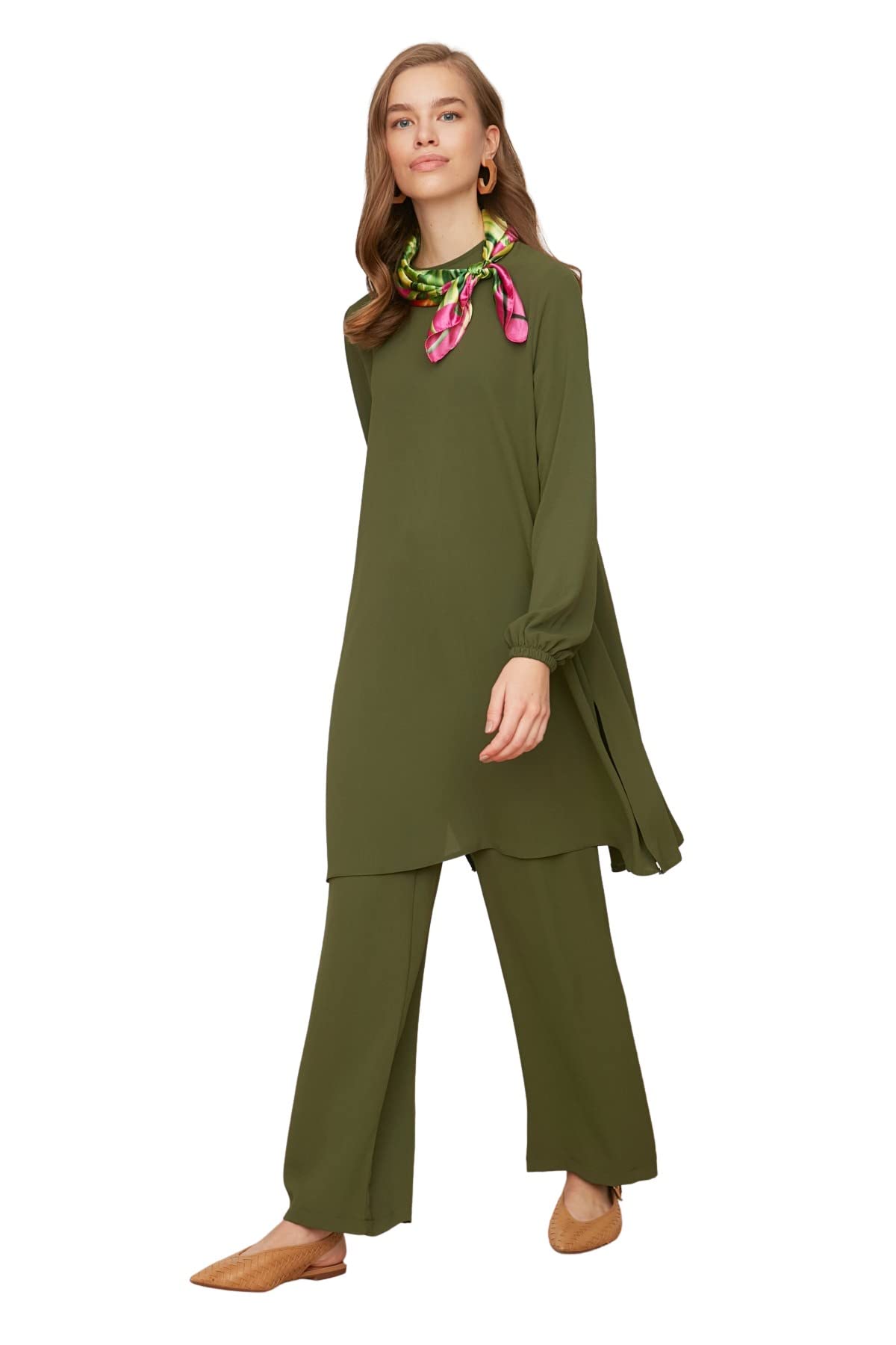 Trendyol Women Plain Elastic waist detailed Woven Tunic Modest Top-Bottom Sets Green