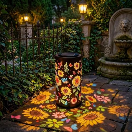 Lanterne solaire jardin et porche : lampe extérieure suspendue à motif tournesol