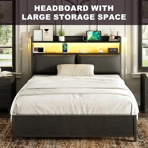 Herture Headboard for Full Size Bed, Headboards with Outlets, USB Ports and 60,000 DIY Color LED Light, Upholstered Head Board with Storage, Height Adjustable, Black BT03CRB - Thumbnail 4