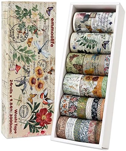 24 Rolls Vintage Washi Tape Set, Floral Letter Butterfly Mushroom Botanical Flower Writable Decorative Tapes for Scrapbooking , Junk Journal supplies, Bullet Journaling 5-75mm Wide 9.84ft long/Roll