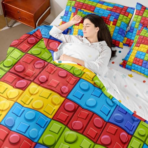 Image of Feelyou Colorful Toy 7 Piece Bedding Set Teen Women Men Funny Building Blocks Decoration Comforter Set with Sheets King Size Kids Boys Colorful Geometric Brick Bed in a Bag Cute Games Room Decor
