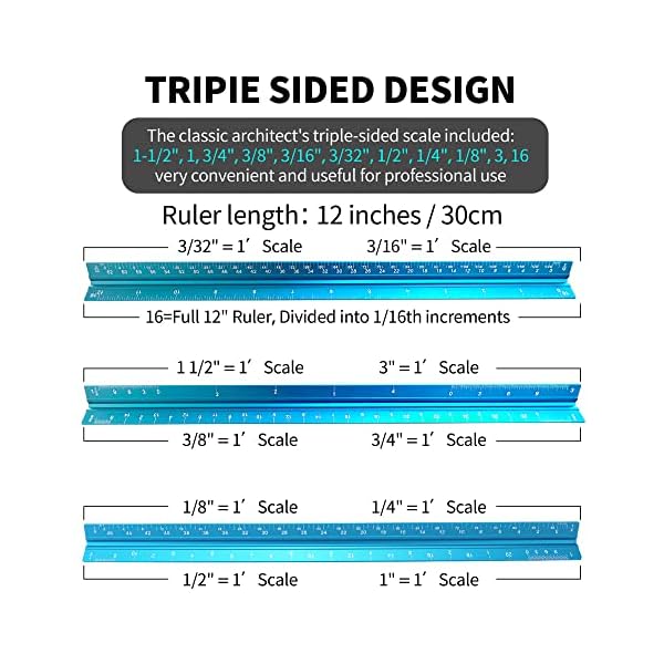 Architectural Scale Ruler, 12' Aluminum Architect Scale, Triangular Scale, Scale Ruler for Blueprint, Triangle Ruler, Drafting Ruler, Architect Ruler, Metal Scale Ruler, Architecture Ruler – Bild 5
