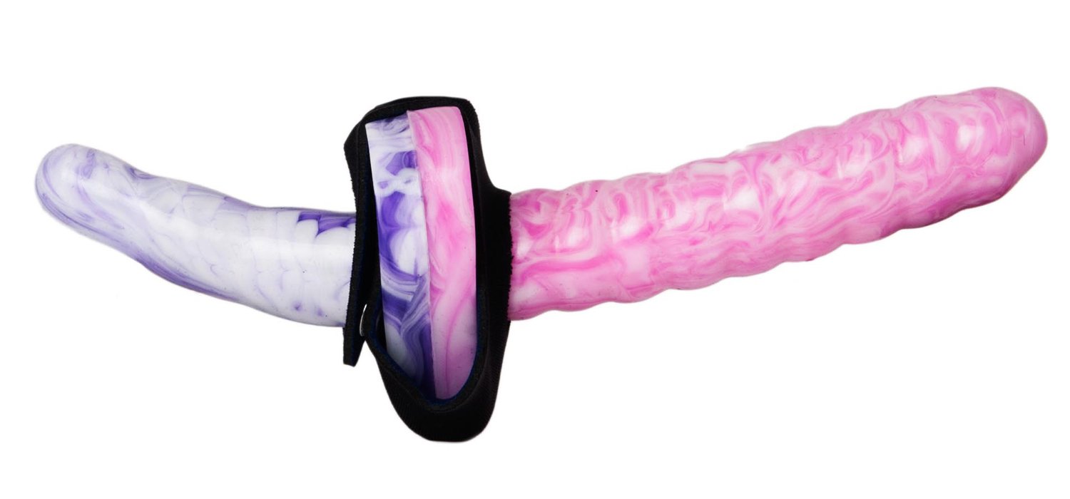 Sh! Godemichet double sangle : L (convient aux 42-44) Strapon Double Pleasure Set pour couples lesbiens : 2 godeaux, harnais, adaptateurs, lubrifiant et nettoyant