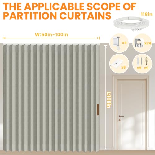 Image of Room Divider Curtain Sets with Flexible Ceiling Track, Privacy Soundproof Curtain for Bedroom Office Patio Sliding Door(Grey, W100 x L108, 1 Pack)