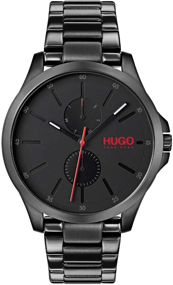 HUGO #Jump Men Qtz Multifunction Ionic Plated Black Steel and Bracelet Casual Watch, Color: Black (Model: 1530028)