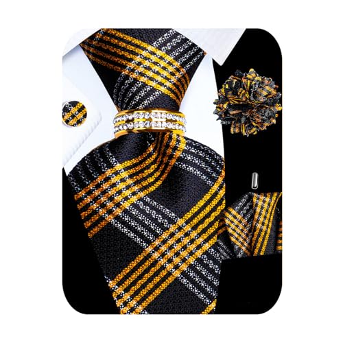Image of 5PCS Mens Silk Tie, Pocket Square, Cufflinks, Drilled Tie Ring and Lapel Pin Set for Wedding Groom Party