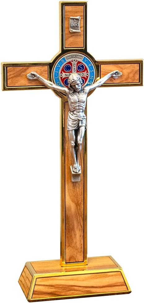 Standing Saint Benedict Medal Crucifix | Patron Saint of Students and Europe | Catholic Home Décor | Great Gift for Baptism, First Holy Communion, and Confirmation (Silver-Tone and Black)