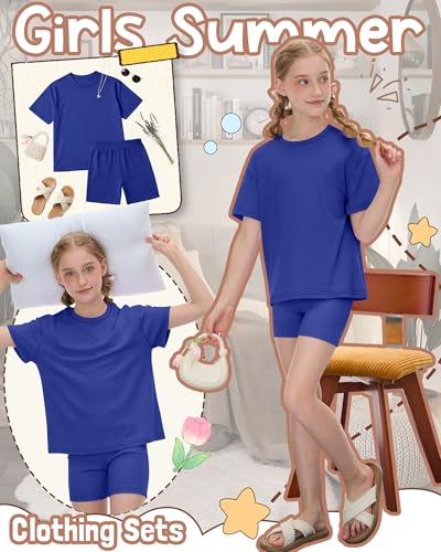 Image of Oakgarden Summer Outfits for Girls 5-14Y Athletic Casual Sets Kid Short Sleeve Shirt Bike Shorts 2 Piece Tween Trendy Clothes