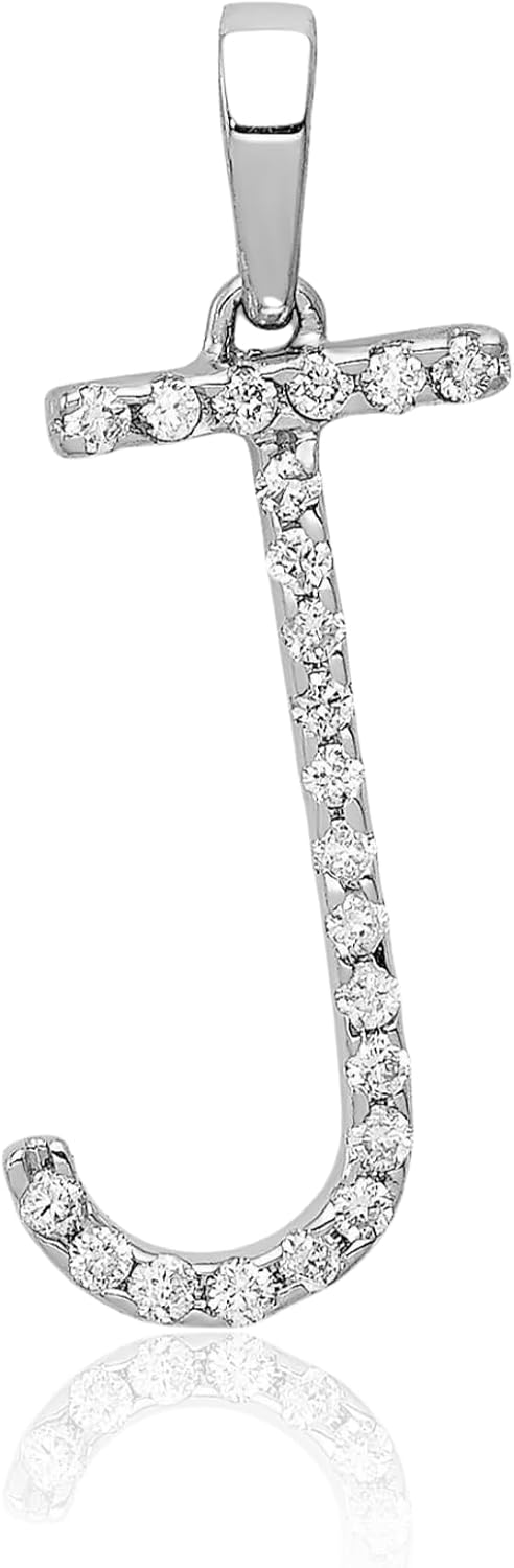 IceCarats 14K Solid White Gold 0.09 carat Diamond Medium Letter J Initial Pendant Necklace 19.4mm 3/4 inch Round Cut, Natural, Prong Set For Her For Him
