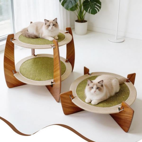 Lit surélevé chat en rotin à 2 couches avec griffoir et matelas - 5