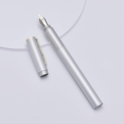 Miniatura 9 de Hongdian H3 Pluma estilográfica de aluminio plateado, punta fina, tapón de rosca con clip de forma de bambú