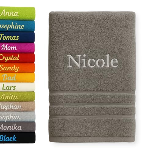 Pet-Jos Serviette de bain personnalisée avec nom magnifiquement brodé Nom Serviette personnalisée 140 x 70 cm Serviette de bain Coton (gris)