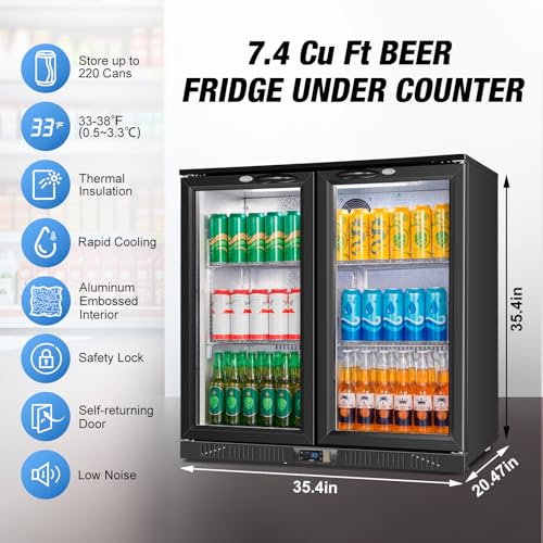 Image of Beverage Refrigerator Under Counter, Back Bar Cooler with 2 Glass Door, Commercial Display Fridge 35.42 Inch Wide 7.4 Cu.Ft, Drink Fridge for Beer Soda Wine, Beverage Cooler for Kitchen Shop Bar