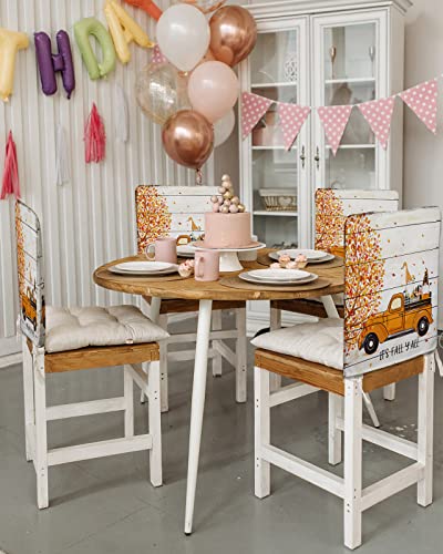 Truck With Dwarf Maple Tree Thanksgiving Chair Covers - 6 Pcs Dining Room Chair Back Covers, Retro Wooden Stripes Chair Slipcovers Removable Chair Protectors Covers For Kitchen/Banquet/Party 19"X18" #TOP2