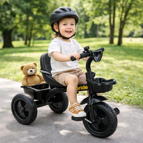 Image of Beeride Smart & Safe Kids Tricycle with EVA Wheels, Storage Basket & Seat Belt | 3-Wheel Tricycle for Toddlers Age 3-5 Years | Red Tricycle for Boys & Girls (Black)