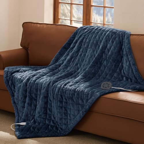 Image of Bedsure Luxury Quilted Heated Throw Blanket, Thick Electric Blanket, Blue