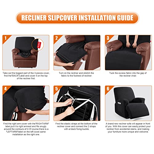 Image of VANSOFY Recliner Chair Cover, 3-Pieces Stretch Recliner Covers for Recliner Chair Soft Reclining Chair Slipcover Furniture Protector for Dogs Cats(Black)