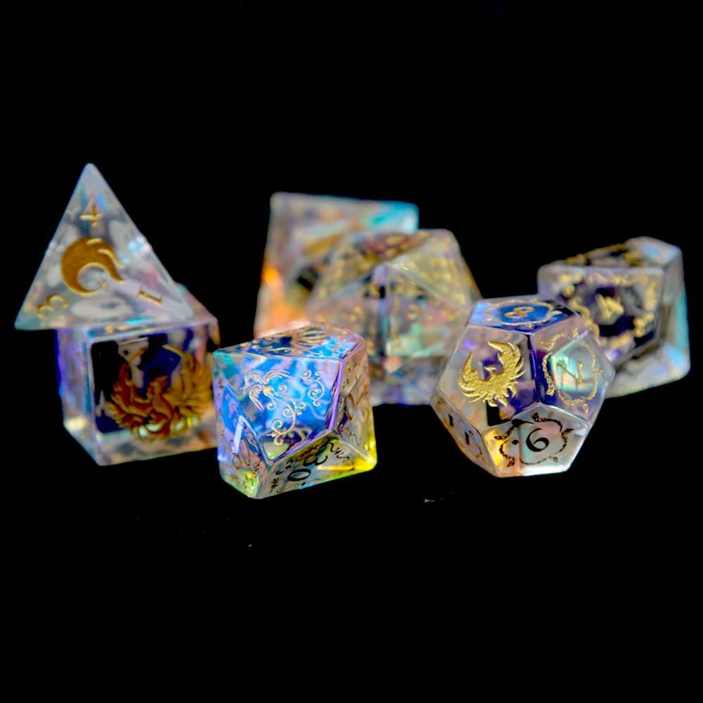 Dice Set 7 PCS Gemstone D&D Dice with Gift Case for Dungeons and Dragon Tabletop Game (Rainbow Glass)