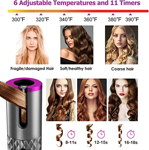 Automatic Curling Iron, Cordless Auto Hair Curler, 6 Temp & 11 Timer, Wireless Usb Rechargeable Curling Iron Wand, Detangle & Scald-Free, Travel Portable Spin Hair Iron, Auto Shut Off, 220V Fast Heat #TOP2