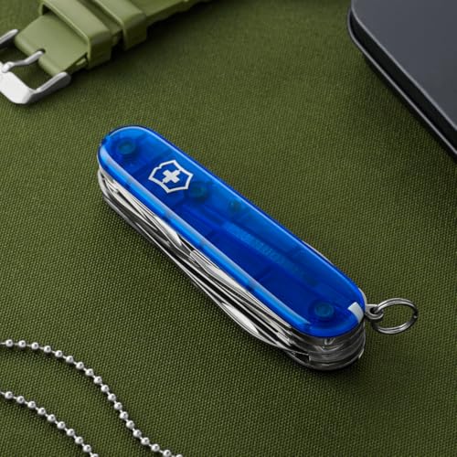 Image of Victorinox Huntsman Swiss Army,15 Function Pocket Knife, Blue Transparent | Swiss Made Multi-Tool with Wood Saw, Scissors & Screwdriver Compact Design for Camping, Hiking and Daily Carry