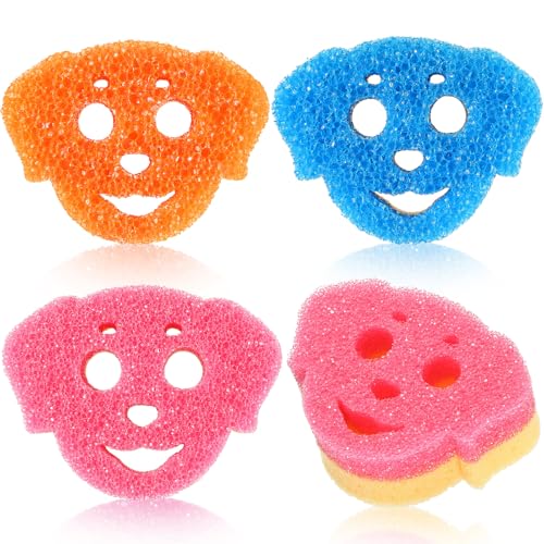 Image of FillTouch 3 Pcs Dual Sided Scrub Sponge Multi Functional Cute Temperature Sensitive Non Scratch Dish Sponge for Washing Dishes Kitchen Bathroom(Dog,Pink, Orange, Blue)